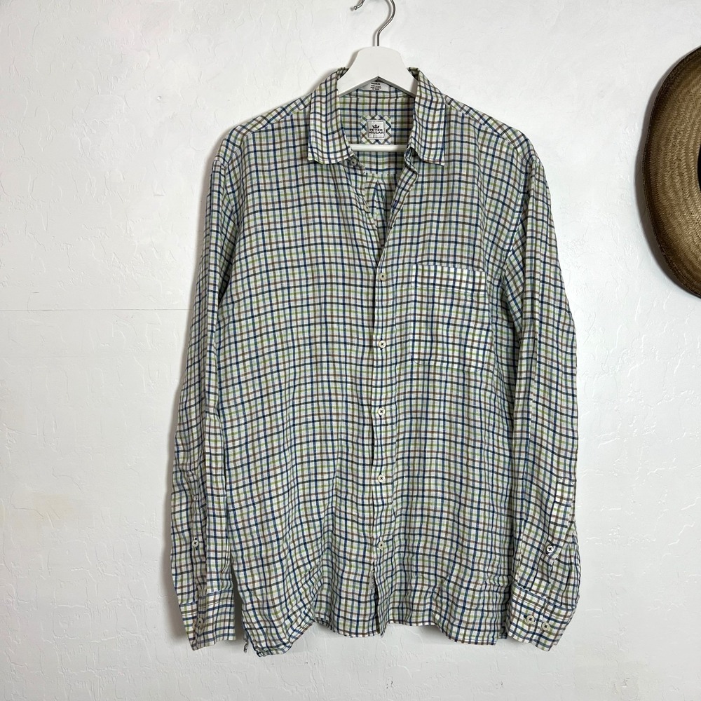 Peter Millar Mens Plaid Button Down Shirt Medium 100% Linen Long Sleeve Blue M